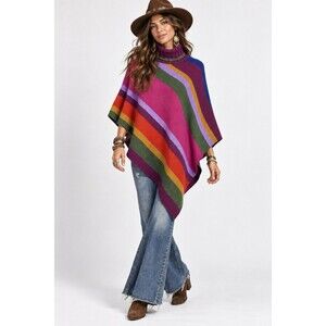 Gallo Wool Cashmere Blend Striped Poncho Sweater Turtleneck Colorful Boho Artsy
